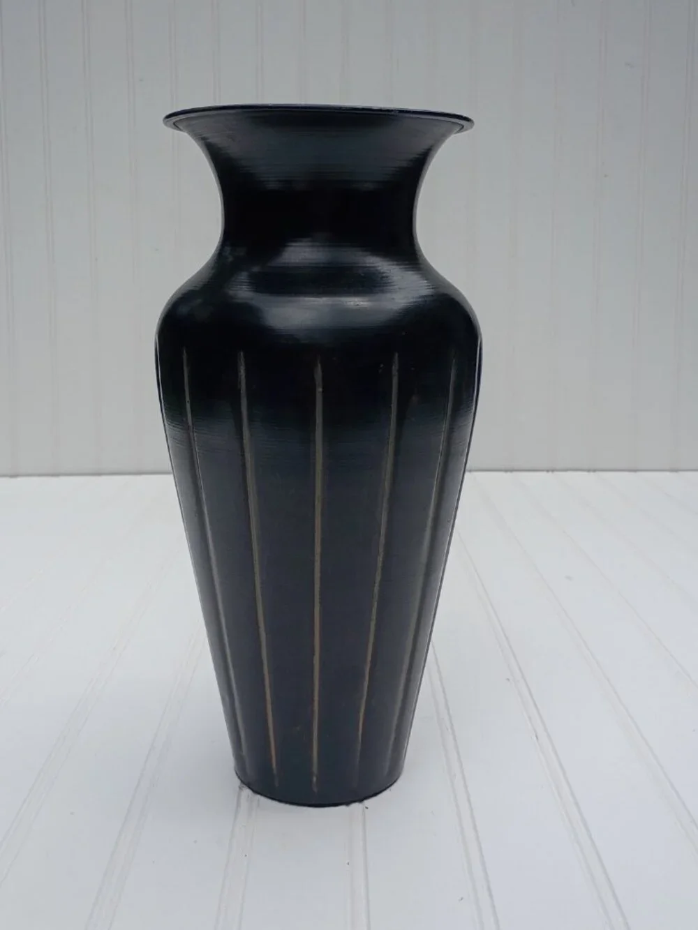 Ribbed Metal Vase Black Distressed Fluted Design 12.5